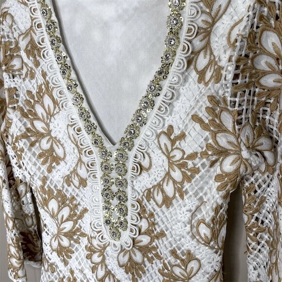 Boston Proper Women's S White/Gold Crochet Peasant Dress Long Sleeve Sz S - Picture 6 of 7
